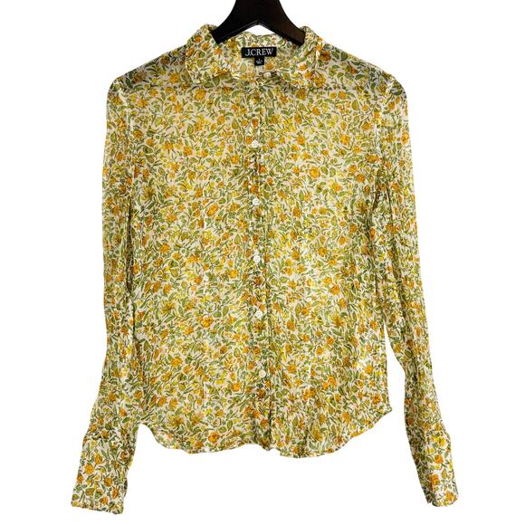 J.Crew Chiffon Crinkle Sheer Button Up Shirt Floral Green Yellow CD028 - 8 - Picture 1 of 10